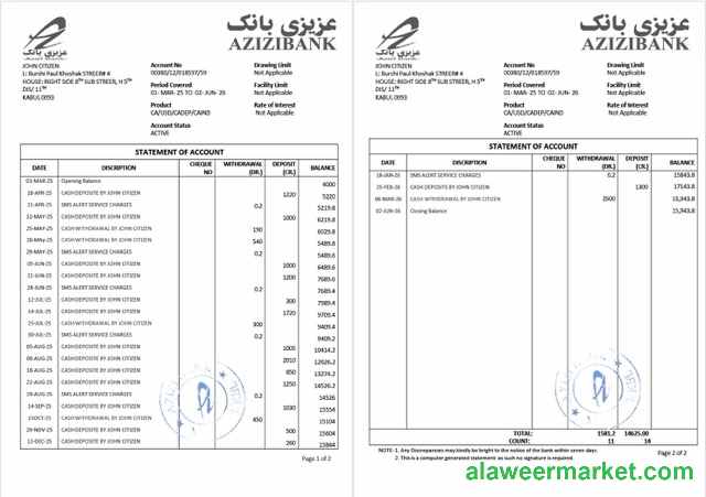 Afghanistan Azizi Bank statement of account Word and PDF template, 2 pages